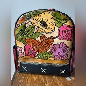 Hand-Tooled Floral Hummingbird Leather Backpack - Multicolor